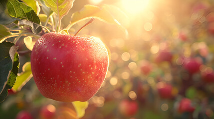 Ripe red apple close-up with sun rays and apple orchard in the background. generative ai
