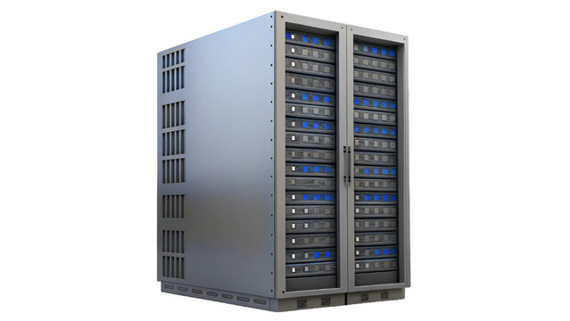 Rack servers in black server rack, technology equipment for business network storage