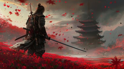 a epic samurai with a weapon sword standing in front of a old japanese temple shrine. asian culture. pc desktop wallpaper background 16:9