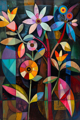 A cubism painting of colorful flowers