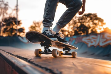 Close up of feet on skateboard, Kid having fun skateboard, Healthy summer sport and outdoor activity - obrazy, fototapety, plakaty