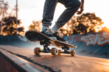 Fotobehang Close up of feet on skateboard, Kid having fun skateboard, Healthy summer sport and outdoor activity © BOONJUNG