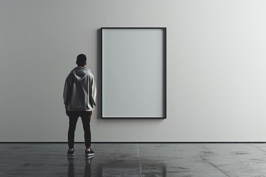 Empty white horizontal frame mockup in living room wall with person standing at side