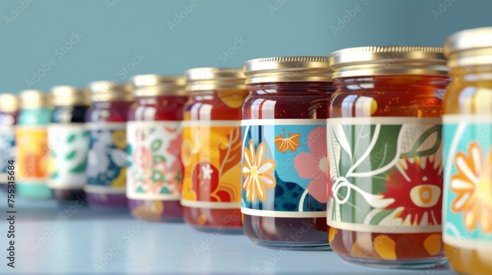 Poster an upclose image of a colorful array of handstamped labels on jars of homemade jams and preserves ma