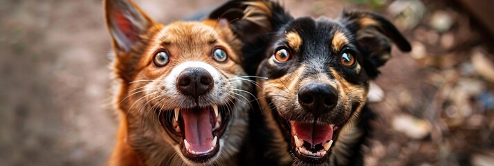 A cat and a dog sharing a cheerful selfie moment, capturing the essence of unexpected friendship and joy - obrazy, fototapety, plakaty