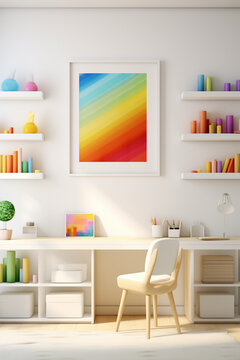There is a rainbow painting on a white wall