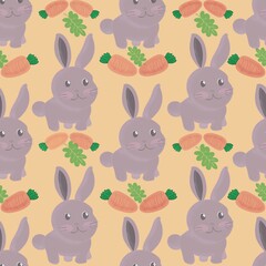 Easter bunny with carrot on orange background.Concept for naive pattern,baby fabric print ,textile print ,poster design,greeting background or invitation card for party backdrop in holiday easter day