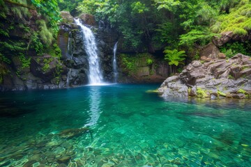 A beautiful waterfall cascading into a crystal clear pool. Surrounded by lush green leaves
