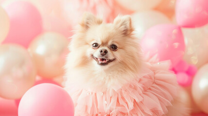 Fototapeta na wymiar Envision an enchanting Pomeranian pup dressed in a whimsical peachy pink outfit, spreading joy and cheer on a birthday party invitation.