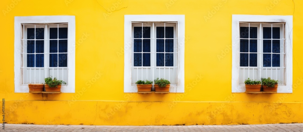 Poster a yellow building with three windows and two planters is captured against a white wall. the bright y