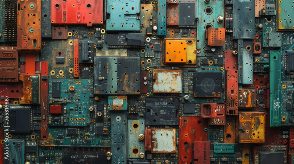 Poster old, rusty computer circuit board with chips