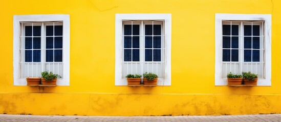 A yellow building with three windows and two planters is captured against a white wall. The bright yellow color stands out, complemented by the simple design of the windows and the presence of - Powered by Adobe