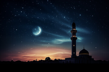 a mosque silhouette against a Ramadan night sky, with a crescent moon and stars. Ramdan Kareem & Eid Mubark.  - obrazy, fototapety, plakaty