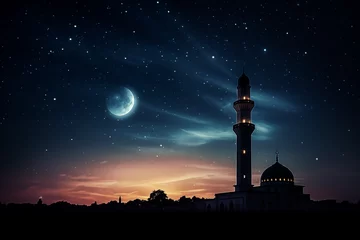 Foto op Plexiglas a mosque silhouette against a Ramadan night sky, with a crescent moon and stars. Ramdan Kareem & Eid Mubark.  © Nim