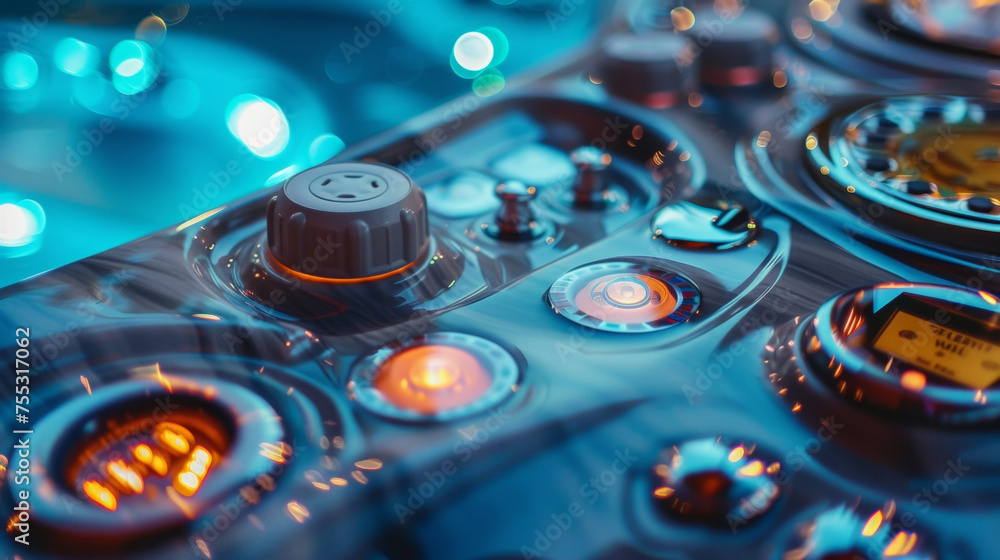 Poster the intricate design of the hot tubs control panel with various buttons and dials for temperature an