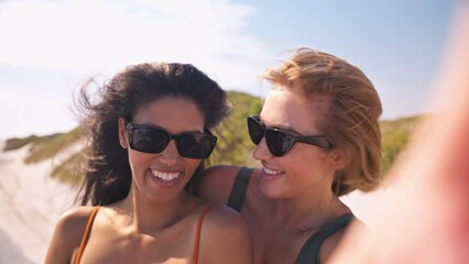 Two young women with friends on vacation posing for selfie standing up in moving car on road trip adventure to beach - shot in slow motion - Powered by Adobe
