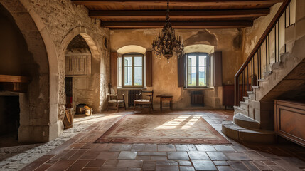 historic European room with a staircase