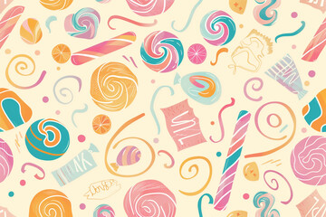 Sweet Temptations: Playful Pastel Candy and Lollipop Seamless Pattern for Joyful Designs