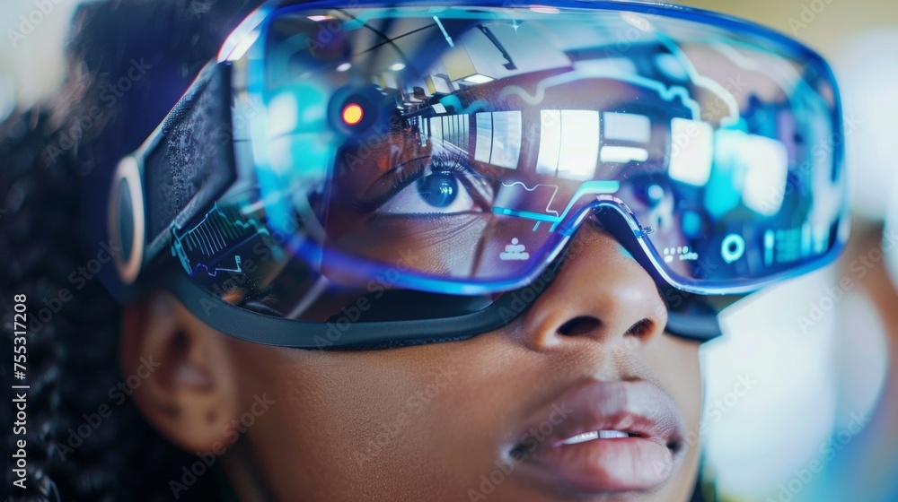 Poster a closeup of a virtual reality headset with a students face reflected in the screen highlighting the