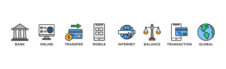 Online banking banner web icon illustration concept with icon of account, online payment, transfer funds, mobile banking, internet banking, balance check, transaction report, global transfer
