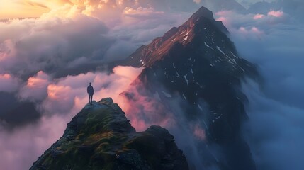 Man at Mountain Peak Overlooking Dreamlike Sea of Clouds at Dawn