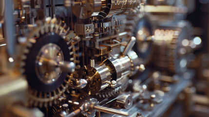 An intricate machine with various gears and coils is shown in a closeup highlighting the advancements in mechanical weaving technology. - obrazy, fototapety, plakaty