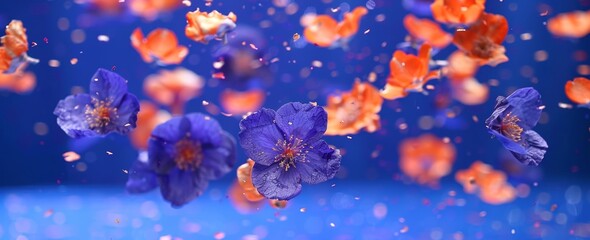 Fototapeta na wymiar Floating Flowers on Blue Background