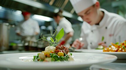 The chefs expertly plated dish sits in front of a student who eagerly takes notes on its presentation.