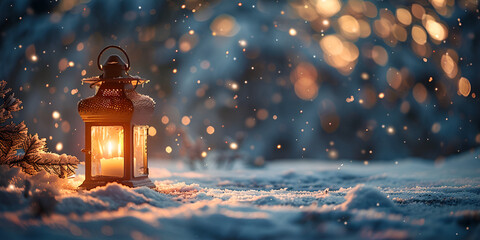 beautiful winter Christmas background with lantern , Christmas candle Lantern in winter garden
