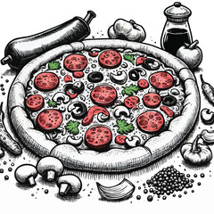 Hand drawn pizza cartoon illustration