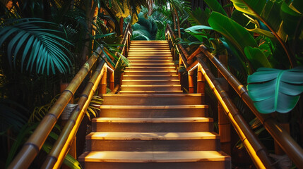 A tropical paradise staircase with bamboo railings and lush foliage draping overhead