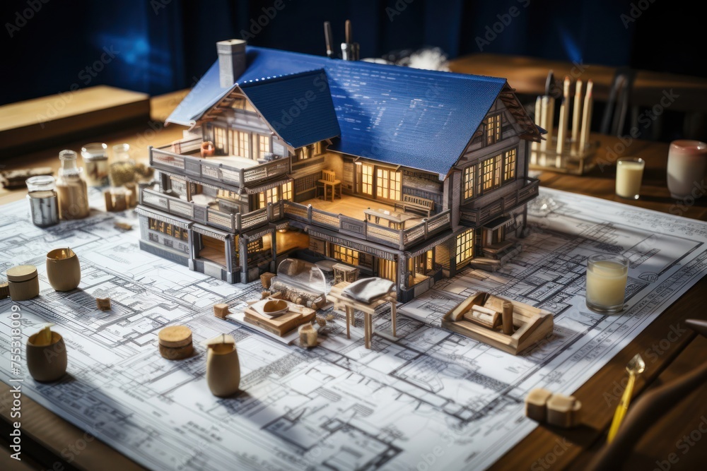 Poster house model placed on blueprint generative ai