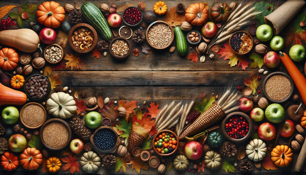 A a rustic wooden table from an aerial perspective with a cornucopia of harvest vegetables including pumpkins, apples, zucchini wallpaper background banne