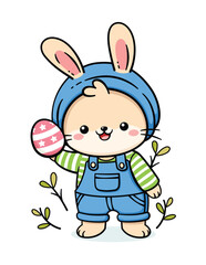 Cute Easter Bunny In Overalls With Egg