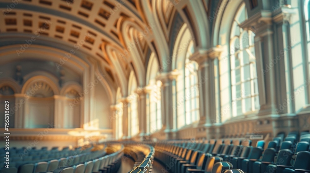 Poster the intricate detailed architecture of a grand lecture hall with arched ceilings large windows and i