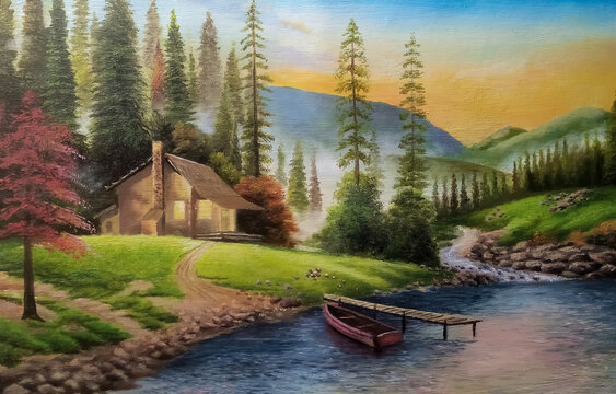 landscape painting in the afternoon at the lake. a boat is anchored at the boat mooring
