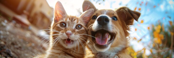 A cat and a dog sharing a cheerful selfie moment, capturing the essence of unexpected friendship and joy