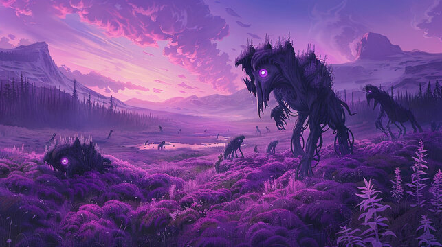 A vast, otherworldly landscape painted in shades of violet, where strange creatures with glowing purple eyes roam freely under a lavender sky.