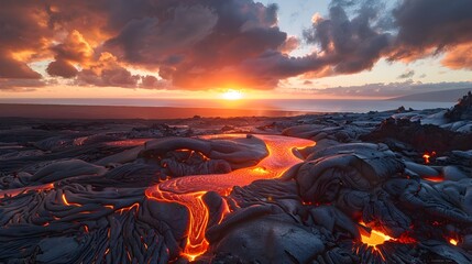 Lava Flows at Sunset in Hawaii Volcanoes National Park, Capturing the Transition from Day to Night in a Dramatic and Breathtaking Display of Power