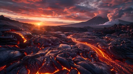 Molten Gold Flowing Amidst Dark Iron Ore Rocks under a Crimson Sky A Dramatic Volcanic Landscape - obrazy, fototapety, plakaty