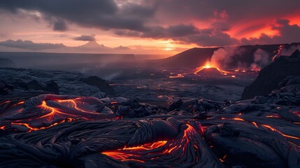 Orange-Red Lava Flows over Charcoal-Gray Terrain at Dusk, Capturing the Transition from Day to Night in a Dramatic Landscape - obrazy, fototapety, plakaty