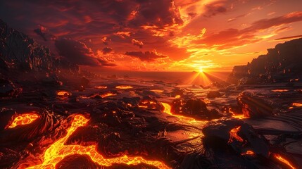 Molten Gold Flowing Amidst Dark Iron Ore Rocks Under a Crimson Sky at Twilight - Dramatic Lava Landscape