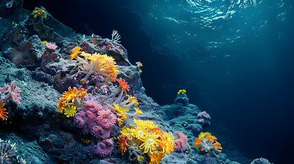Fototapeta na wymiar Vibrant Coral Reef Blooming with Anemones in Cinematic Deep Sea Landscape