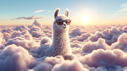 an llama wearing sunglasses in the clouds with a sky background - obrazy, fototapety, plakaty