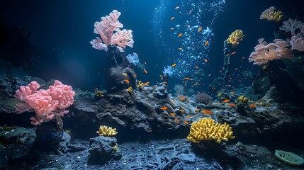 Naklejka na ściany i meble Coral Reef Blooming with Marine Life in the Depths of the Ocean A Testament to Underwater Biodiversity