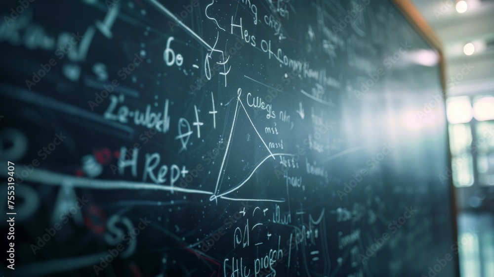 Poster a closeup of a blackboard covered in complex mathematical equations and formulas with faint chalk ma