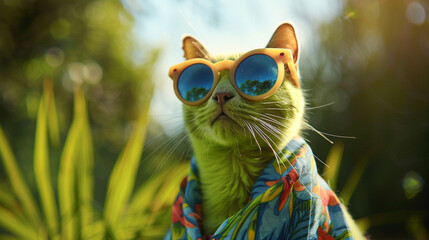A vibrant lime green cat sporting oversized sunglasses and a tropical print sarong, ready for a day...