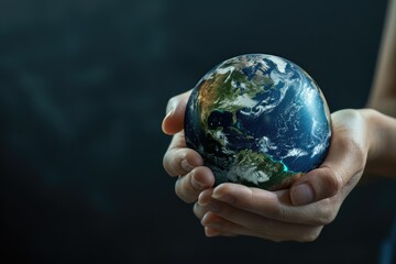 Female hands holding planet earth globe. Environmental ecology issues, save the world concept. AI...