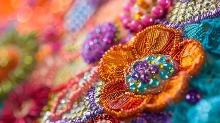 A macro shot of a garments intricate embroidery made up of various materials such as sequins beads and lace. The combination of different fabrics adds dimension and texture