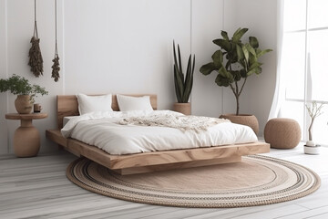 Scandinavian bedroom interior. white bright bedroom with a wooden bed and a large window	